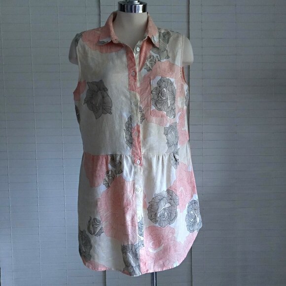 Joan Vass Sleeveless Linen Tunic - Coral and Charcoal - Picture 3 of 16